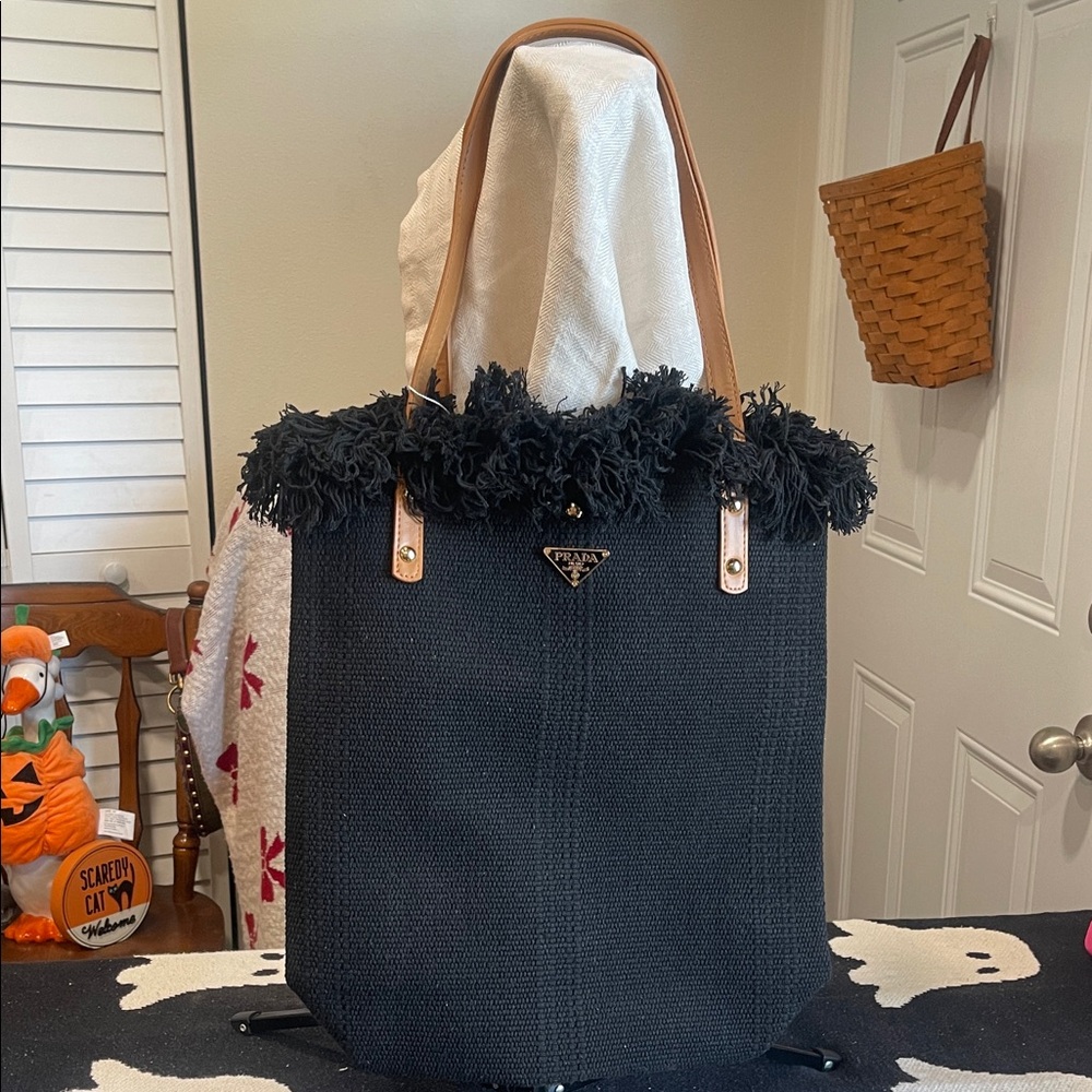 Prada Black Tote with Brown Handles and Fringe - Picture 1 of 5